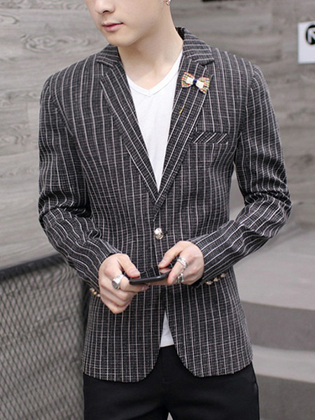 Black Plus Size Slim Stripe Lapel Button Pockets Long Sleeve Men Jacket for Casual Party