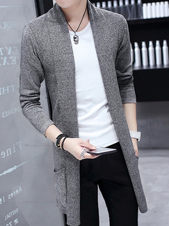 Grey Plus Size Slim Long Knitting Lapel Long Sleeve Men Cardigan for Casual