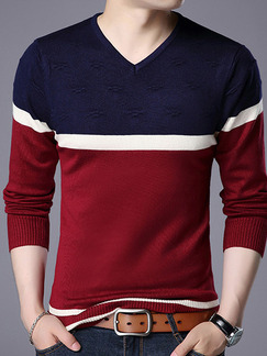 Red White and Blue Plus Size Slim Contrast V Neck Long Sleeve Men Sweater for Casual