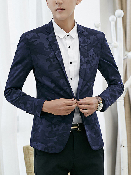 Blue Plus Size Slim Camouflage Lapel Pockets Button Long Sleeve Men Suit for Evening Office Party