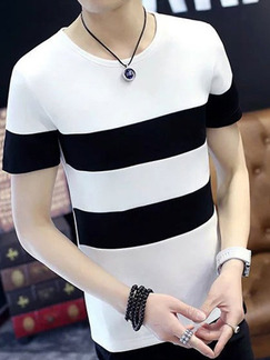 Black and White Plus Size Slim Contrast Stripe Round Neck Men Shirt for Casual