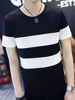 Black and White Plus Size Slim Contrast Stripe Round Neck Men Shirt for Casual