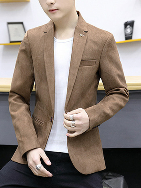 Brown Plus Size Suede Slim Lapel Pockets Button Long Sleeve Men Suit ...