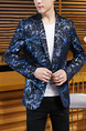 Blue Plus Size Slim Printed Lapel Pockets Button Long Sleeve Men Suit for Evening Office