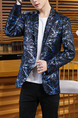 Blue Plus Size Slim Printed Lapel Pockets Button Long Sleeve Men Suit for Evening Office