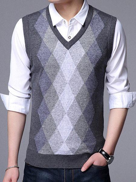 Grey and White Plus Size Slim V Neck Grid Men Vest for Casual