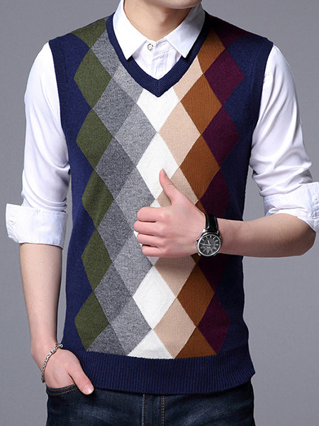 Colorful Plus Size Slim V Neck Grid Men Vest for Casual