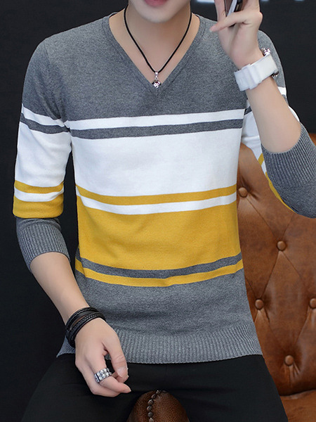 Grey White and Yellow Plus Size Slim Contrast Stripe V Neck Men Sweater for Casual