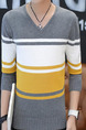 Grey White and Yellow Plus Size Slim Contrast Stripe V Neck Men Sweater for Casual