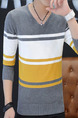 Grey White and Yellow Plus Size Slim Contrast Stripe V Neck Men Sweater for Casual