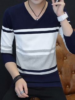 Blue Grey and White Plus Size Slim Contrast Stripe V Neck Men Sweater for Casual