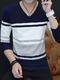 Blue Grey and White Plus Size Slim Contrast Stripe V Neck Men Sweater for Casual
