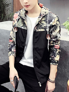 Black Colorful Plus Size Slim Linking Printed Hooded Drawstring Long Sleeve Men Jacket for Casual