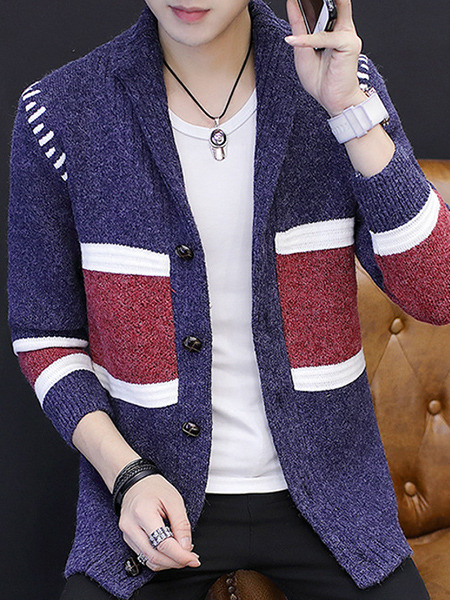 Blue White and Red Plus Size Slim Contrast Linking Lapel Single-Breasted Long Sleeve Men Cardigan for Casual Office