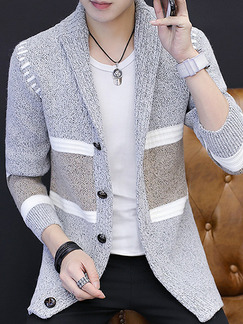 Grey and White Plus Size Slim Contrast Linking Lapel Single-Breasted Long Sleeve Men Cardigan for Casual Office