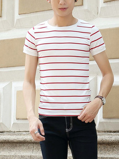 White and Red Plus Size Slim Contrast Stripe Round Neck Men Shirt for Casual