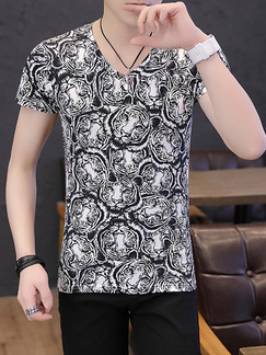 Black and White Plus Size Slim Printed V Neck Men Shirt for Casual