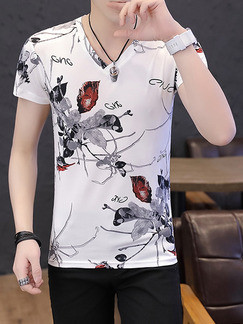 White Colorful Plus Size Slim Printed V Neck Men Shirt for Casual