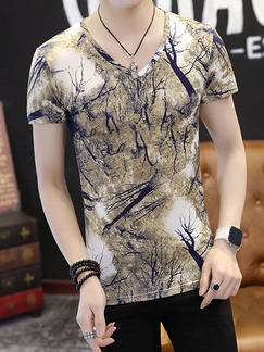 Brown and Black Plus Size Slim Contrast Printed V Neck  Men Shirt for Casual