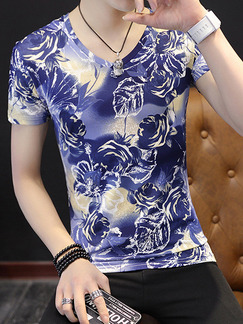 Blue and Beige Plus Size Slim Contrast Printed V Neck  Men Shirt for Casual