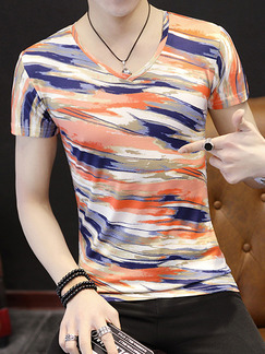 Colorful Plus Size Slim Contrast Printed V Neck  Men Shirt for Casual