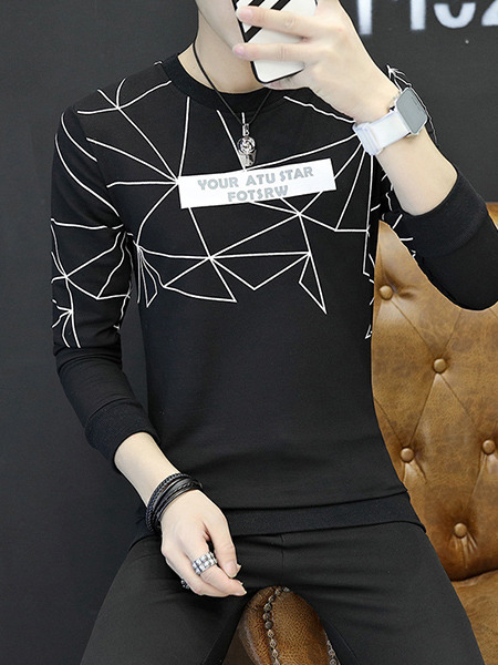 Black Plus Size Slim Round Neck Letter Printed Located Printing Long Sleeve Men Sweater for Casual