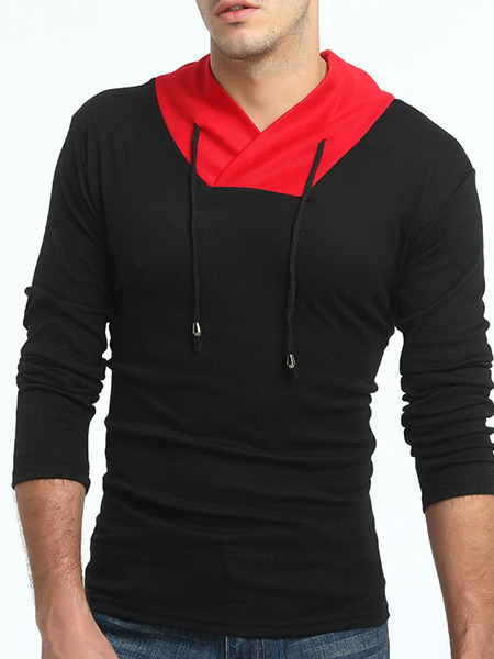 Black and Red Plus Size Slim Contrast Stand Collar Drawstrings Long Sleeve Men Tshirt for Casual Sports