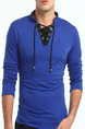 Blue Plus Size Slim V Neck Drawstrings Band Long Sleeve Men Tshirt for Casual Sports