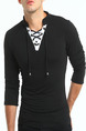 Black and White Plus Size Slim V Neck Drawstrings Band Long Sleeve Men Tshirt for Casual Sports