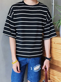 Black and White Plus Size Loose Round Neck Contrast Stripe Bat Sleeve Men Tshirt for Casual
