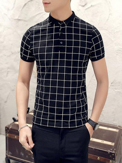Black and White Plus Size Slim Contrast Grid Polo Collar Buttons Men Tshirt for Casual Party Office
