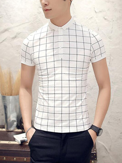 White and Black Plus Size Slim Contrast Grid Polo Collar Buttons Men Tshirt for Casual Party Office