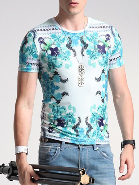 White Colorful Plus Size Slim Printed Round Neck  Men Tshirt for Casual