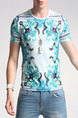 White Colorful Plus Size Slim Printed Round Neck  Men Tshirt for Casual
