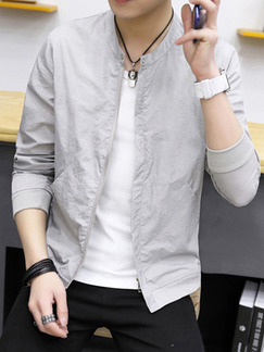 Light Gray Loose Stand Collar Long Sleeve Men Jacket for Casual