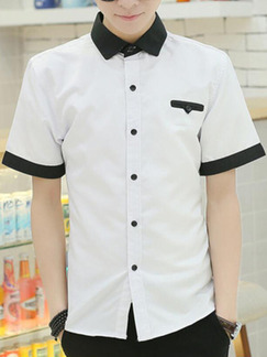 White and Black Slim Contrast Linking Buttons Plus Size Men Shirt for Casual Party