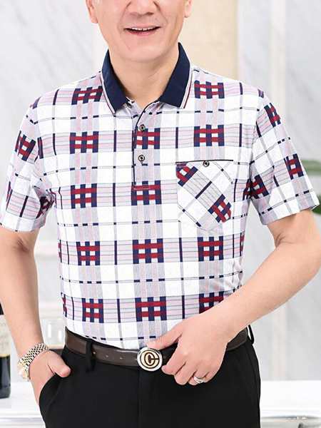 Red and Navy Blue White Loose Lapel Contrast Grid Men Shirt for Casual Party Office