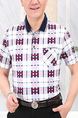 Red and Navy Blue White Loose Lapel Contrast Grid Men Shirt for Casual Party Office