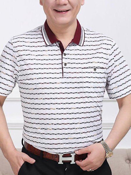 Wine Red and White Loose Lapel Contrast Stripe Men Shirt for Casual Party Office