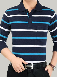 White and Blue Loose Lapel Contrast Stripe Long Sleeve Plus Size Men Shirt for Casual Party Office