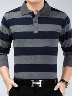 Dark Gray and Blue Loose Lapel Contrast Stripe Long Sleeve Plus Size Men Shirt for Casual Party Office