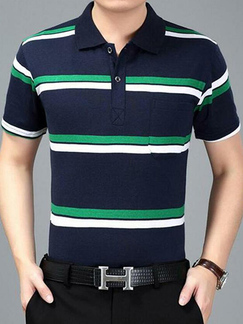 Dark Blue White and Green Loose Lapel Contrast Stripe  Men Shirt for Casual Party Office