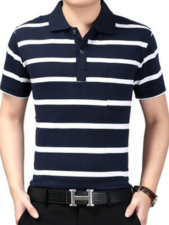 Navy Blue and White Loose Lapel Contrast Stripe  Men Shirt for Casual Party Office