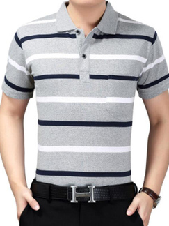 Light Gray Black and White Loose Lapel Contrast Stripe  Men Shirt for Casual Party Office