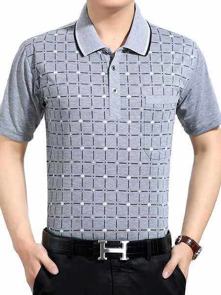 Light Gray Loose Lapel Grid Men Shirt for Casual Office