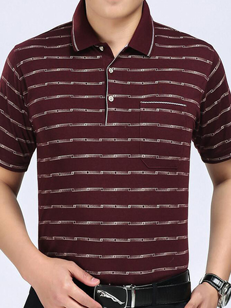 Wine Red Loose Lapel Stripe Men Shirt for Casual Office