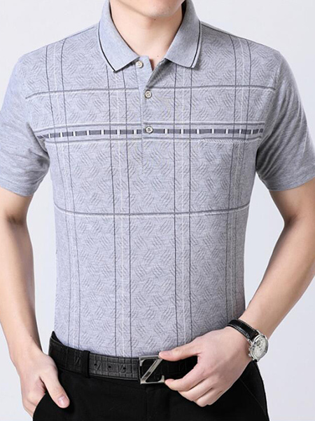 Light Gray Loose Lapel Stripe Men Shirt for Casual Office