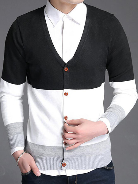 Black White and Light Gray Slim Contrast Single-Breasted Long Sleeve Men Cardigan for Casual