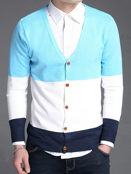 Blue White and Sky Blue Slim Contrast Single-Breasted Long Sleeve Men Cardigan for Casual