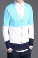 Blue White and Sky Blue Slim Contrast Single-Breasted Long Sleeve Men Cardigan for Casual